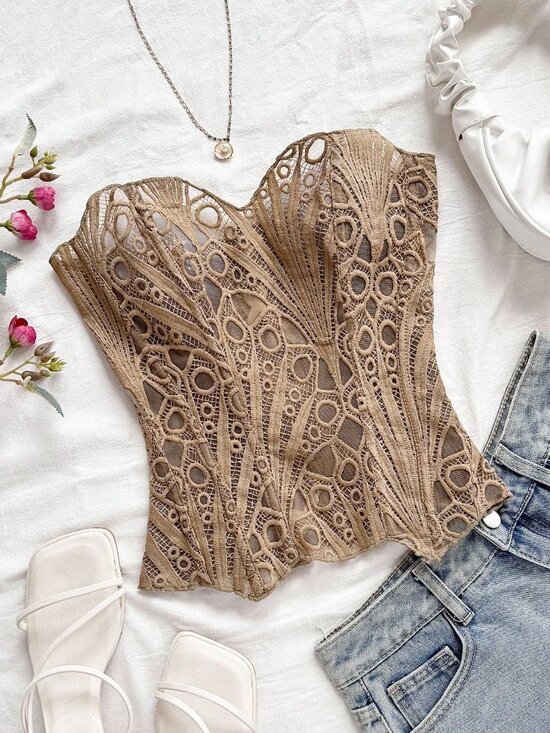 Tops - Brown Avant-Garde Women's Double-Layer Corset Bustier Embroidered Shapewear